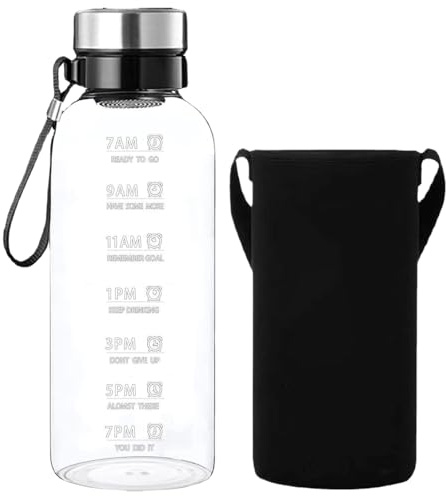 Licsaliwe Bouteille d'eau en Verre 2L avec marqueur temporel, Fuite avec Manche et Filtre à lauréat, Lave-Vaisselle pour Le Bureau Sportif