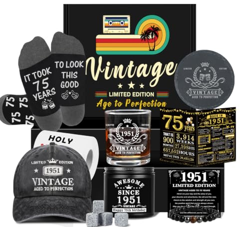 75th Birthday Gifts for Men, Cool 75th Birthday Decorations for Men | 75 Year Old Gifts for Man Who Have Everything, 1951 Birthday Gift Baskets for Man Whiskey Glass Baseball Cap Socks Stones
