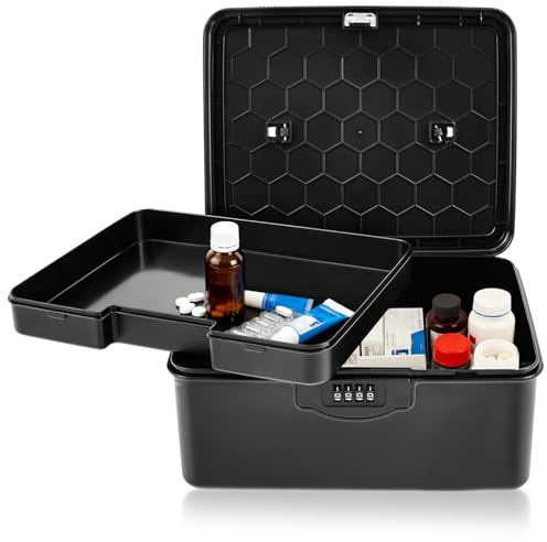 harupink Medikamentenbox Abschließbar Groß Abschliessbare Box Mit Zahlenschloss Abschließbare Aufbewahrungsbox mit Tragbarer Griff und Herausnehmbarem Fach für Medikamente Handy Snacks(Schwarz)