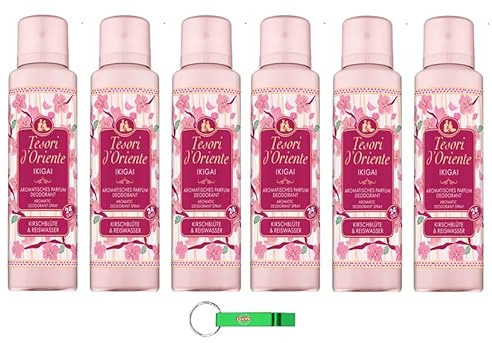 Tesori d'Oriente Deospray Parfum Ikigai 6 x 150ml, Deodorant Spray Deo Spray mit Kirschblüten und Reiswasser + Beni Culinari Kostenloser Schlüsselanhänger