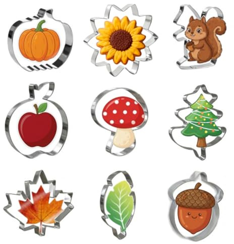 9 Pezzi Formine per Biscotti di Autunno, Inox Tagliabiscotti Thanksgiving | Deco Pasticceria Autunnali: Fungo, Foglia d'Acero, Foglia di Quercia, Ghianda, Scoiattolo, Mela, Pigna, Zucca e Girasole