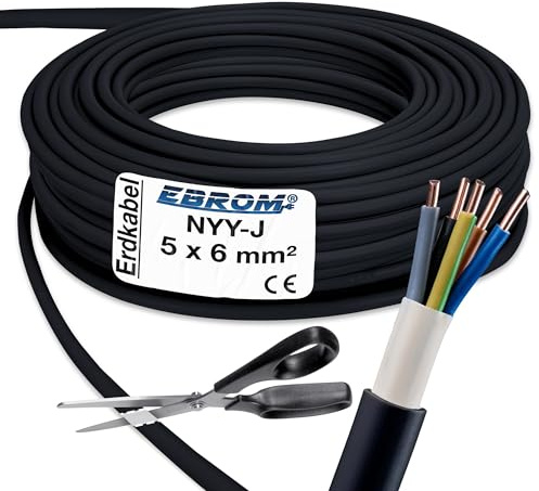 EBROM Erdkabel NYY-J 5x6 mm² Starkstromkabel Erdleitung schwarz - 80 m | 5m bis 150 m, Elektrokabel zur Verlegung im freien oder im Erdreich - VDE 0276, Teil 603, Nennspannung: 600/1000V, 5x6 mm2