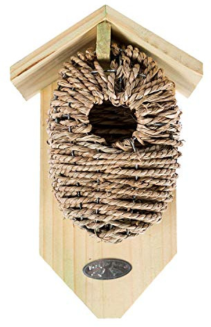HOMESCAPES Wooden Bird Box with Seagrass Bird Nest For Wall or Tree Mounting
