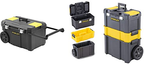 STANLEY Rolling Toolbox Chest with Heavy Duty Metal Latch, 2 Lid Organisers for Small Parts, Portable Tote Tray for Tools, STST1-80150 & Essential Rolling Workshop Toolbox, 3 Tier Stackable Units