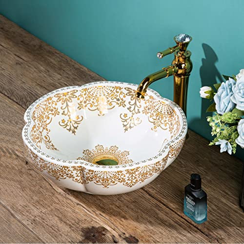 jdzjybqx Moroccan Basin Sink Bowl for Bathroom White Gold Ceramic Above Counter Porcelain Flower Shape Vanity Top Sinks for Hotel Garden,1 Sink Only