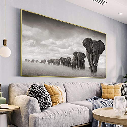 Jianghu Art Große Größe Wanddekor Schwarz Weiß Afrika Elefanten Tiere Leinwand Malerei Skandinavien Poster Drucke Riesige Wandkunst Bilder 70x140cm (28x55in) Mit Rahmen