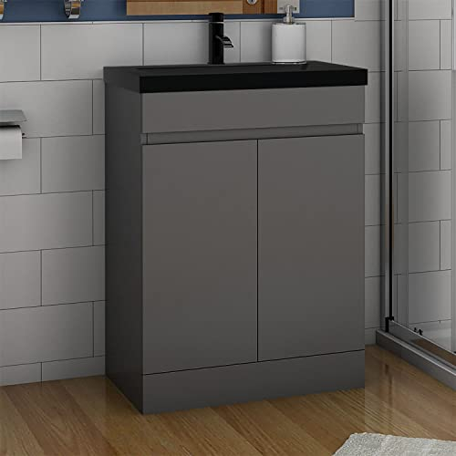 Aica Sanitär Waschtisch mit Unterschrank 60 cm Badmöbel Set mit Waschbecken Schwarz Gäste WC Anthrazit Matt