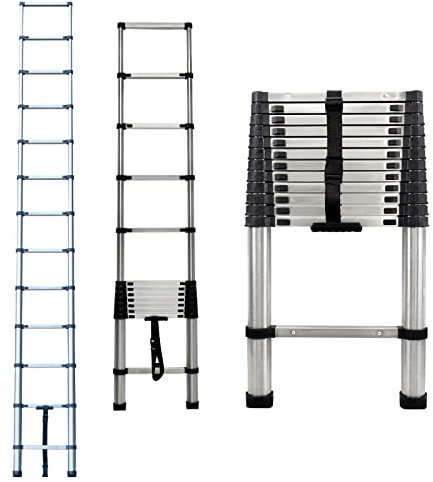Stainless Steel Folding Ladder - 12.5ft/3.8m Telescopic Multifunctional Foldable Loft Climbing Ladder for Home Stairs Window Cleaning Garden Working