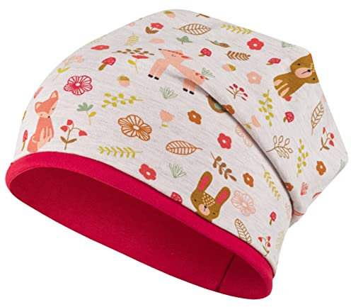 Mädchen Mütze Beanie Übergangsmütze Stoffmütze Zwillinge Waldwiese Einhorn, Größe: 50/52, Farbe: Ecru/rot