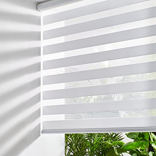 Persilux Cordless Zebra Blinds for Windows Free-Stop Window Blinds (34 W X 64 H, White) Dual Layer Light Control for Day and Night, Light Filtering Sheer Shades for Home, Bedroom, Easy to Install
