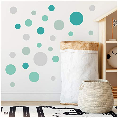yabaduu Kreise Set 120 Stück Punkte Wandtattoo Kinderzimmer Schlafzimmer Babyzimmer Aufkleber Folie Deko Selbstklebend für Junge Mädchen Pastell Y068 (Y068-7 Mint Türkis Grau)
