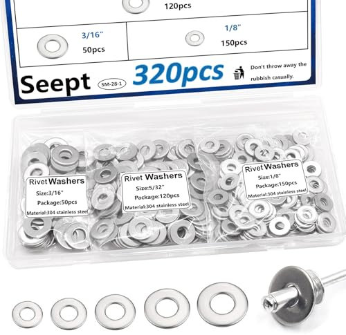 Seept 320Pcs Silver Pop Rivet washers Assortment kit for Pop Rivets Diameter 1/8inch,5/32inch,3/16inch 304 Stainless Steel pop Rivet Washer Aluminum pop Rivet washers Blind Rivet Washer
