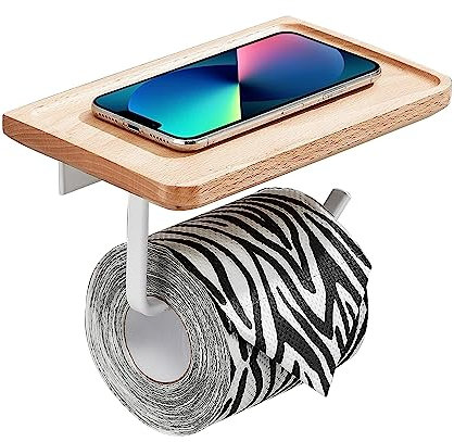 Sarihosy Square Wooden Toilet Paper Roll Holder With Shelf Free Standing, Wood Toilet Paper Roll Holder Brass White Toilet Roll Holder Self Adhesive, wooden toilet roll holder with shelf