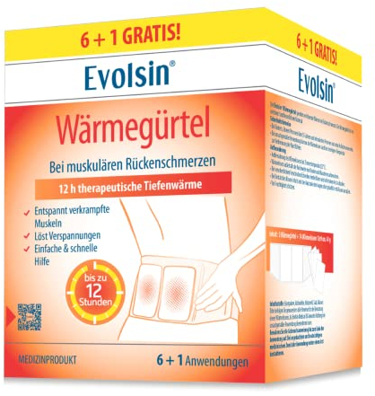 Evolsin - Ceinture chauffante médicale pour le traitement des douleurs musculaires du dos - 12h de chaleur thérapeutique profonde pour détendre et relâcher les muscles (6 + 1 applications)