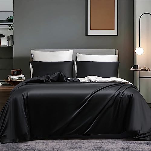 Boqingzhu Satin Schwarze Weiße Bettwäsche 200x200cm Seide Uni Glatt Glänzend Luxus Glanzsatin Wendebettwäsche Set Einfarbig Bettbezug mit Reißverschluss und 2 Kissenbezüge 80x80cm