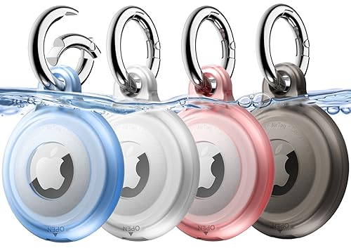 JETech Custodia Impermeabile da 4 Pacco per AirTag con Portachiavi, Corpo Pieno Antigraffio Air Tag Porta Portachiavi Cover per Bambini, Animale Domestico, Borse (Nero/Trasparente/Rosa/Blu)