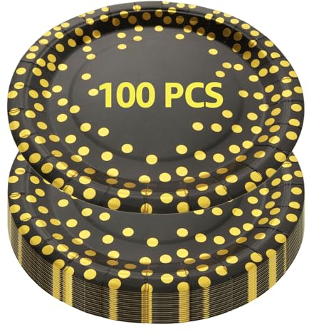 DAJAVE 100 Pcs Party Paper Plates 9Inch Black and Gold Paper Plates Round Black Plate with Gold Foil Dots Party Tableware for Wedding, Engagement, Birthday, Anniversaries, Graduation
