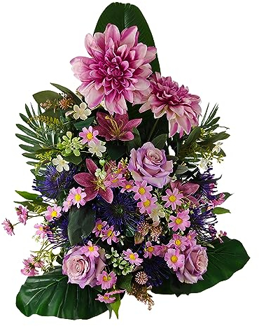 DRW Zentrum Kunstblumen Friedhof, Heilige, Kirchen, Jahrestage, Zeremonien, Lila und Malven-Hochzeiten, Dahlien, Rosen und Gänseblümchen, 70 x 60 x 30 cm