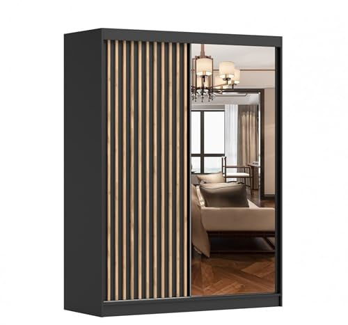 mb-moebel Armoire de Chambre avec Lattes en Bois 2 Portes coulissantes et Miroir Dressing Garde-Robe Penderie (Tringle) avec étagères (LxHxP): 150x200x61 cm - LABI C1 (Noir, 150)