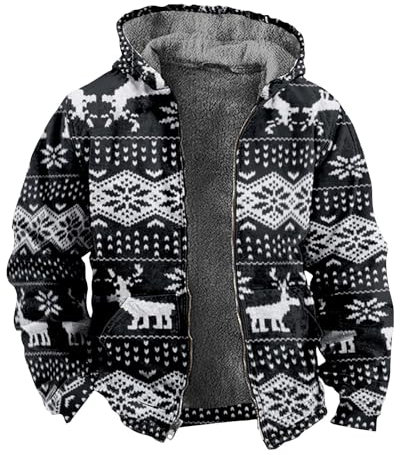 Mens Jacket, Men's Christmas Print Jacket Spring And Autumn Casual Trend Zipper Hooded Jacket Winter Jacket For Men Half Zip Pullover Damen Windbreaker Gefüttert Mit Bauchtasche (XL, Schwarz)