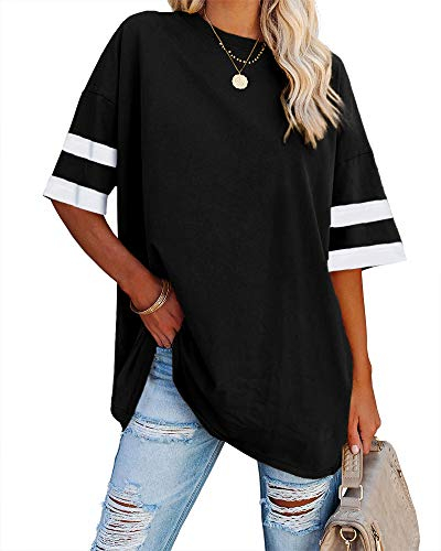 Ebifin Damen Oversize T Shirt Rundhals Kurzärmeliges Tops Casual Lockere Basic Sommer Tee Shirts Bluse.Schwarz.L