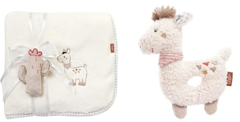 Fehn Kuscheldecke Peru Lama - Kuschelige Schmusedecke als Babydecke & Baby Ring Greifling Lama - Kuscheltier Babyspielzeug mit Rassel