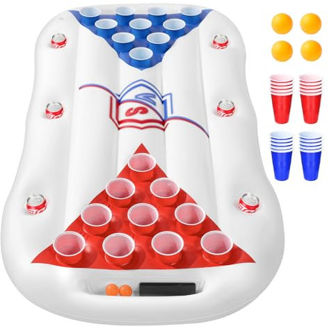 JAZGROM Beer Pong Game, 6 Feet Inflatable Floaty for Pool with 20 Cups & 4 Ping Pong Balls, Pool Party Games for Adults and Family
