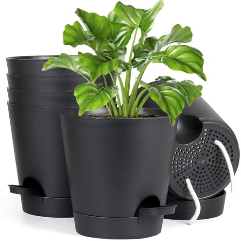 Homeuouz 6 Packs Blumentopf Selbstbewässernd, 12.7cm Pflanzentopf mit Bewässerungssystem, Übertopf mit Untersetzer, Blumentöpfe Set Ideal für Innen und Balkongärten, Schwarz