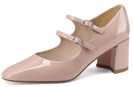 MIRAAZZURRA Mary Jane - Stiletto con tacco a blocco, elegante con cinturino alla caviglia e punta rotonda Scarpe verniciate con fibbia, Rosso Nero Carne, 38 EU