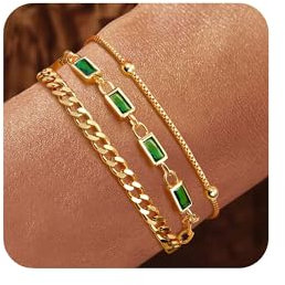 YADOCA Gold Armband für Damen Mädchen, 18K Gold Vergoldet geschichtet Schmuck Armband Set zierlich Stapelbar Armbänder Link Büroklammer Kette Frauen Mädchen -Grün