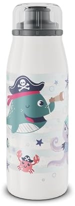 alfi KIDS ISO BOTTLE 350ml, Piraten, Isoliertrinkflasche Kinder Edelstahl, absolut dichter Drehverschluss, hält 12 Std. heiß, 24 Std. kalt, Trinkflasche für Kohlensäure, BPA-frei