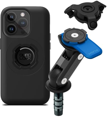 Quad Lock Motorcycle Fork Stem Phone Mount Kit with Vibration Dampener and iPhone 14 Pro MAG Case