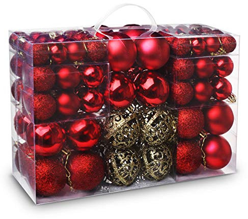 Truevaste 100er Set Weihnachtskugeln Rot, Kunststoff Christbaumkugeln 3/4/6 cm mit Glänzend Matt Glitzernd & Goldene Hohlkugel, Weihnachtsbaumkugeln für DIY Christbaumschmuck Deco