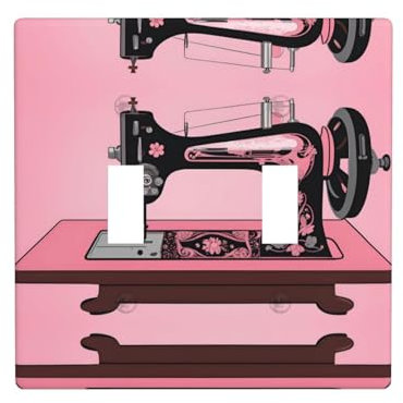 BROLEO Doppelschalter-Wandplatte, 11,4 x 11,4 cm, langlebiges und stilvolles Wandpaneel für Wohn- und Gewerbebereiche, Vintage-Pink, Nähmaschinen-Drucke