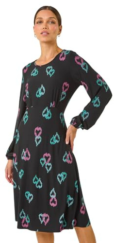 Roman Women Gathered Chest Dress Ladies Stretchy Fit & Flare Swing Tea A Line Skater Knee Length Long Sleeve Midi Smart Casual Work Going Out Cocktail Party - Black Pink Teal - Size 14