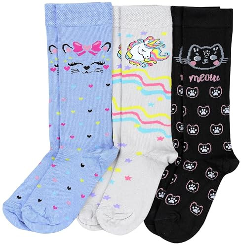 TupTam Mädchen Knielange Socken Gemustert 3er Pack, Farbe: 3er Pack Einhorn Grau/Katze Blau/Katze Schwarz, Socken Größe: 23-26