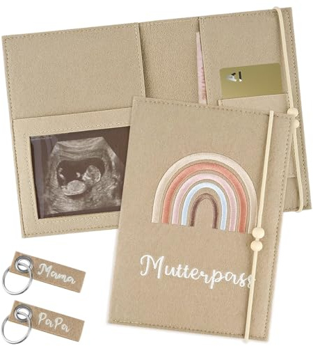 Apdvenk Mutterpass für Schutzhülle aus Filz mit Fächern, Deutschen Mutterpass Hülle Filz, Mutterpass Schutzhülle für Impfpass, Hülle Mutterpass mit Gummiband mit 2 Schlüsselanhänger Filz(Beige)