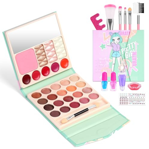 Aomig Kinderschminke 36 PCS Waschbar Kosmetikset 33Farben Prinzessin Make Up Spielzeug mit Nagellack Lippenstift Schminkkoffer Mini Spielzeug Halloween Karneval Weihnachts Geburtstags Geschenk(B-Grün)