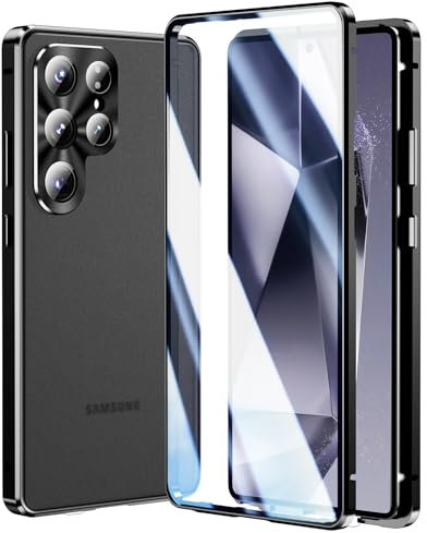 Hülle für Samsung Galaxy S25 Ultra, 360 Grad Doppelseitiger Schutz Magnetische Adsorption Metall Bumper Vorne Gehärtetes Glas Frosted PC Rückseite mit Kameraschutz (Schwarz)