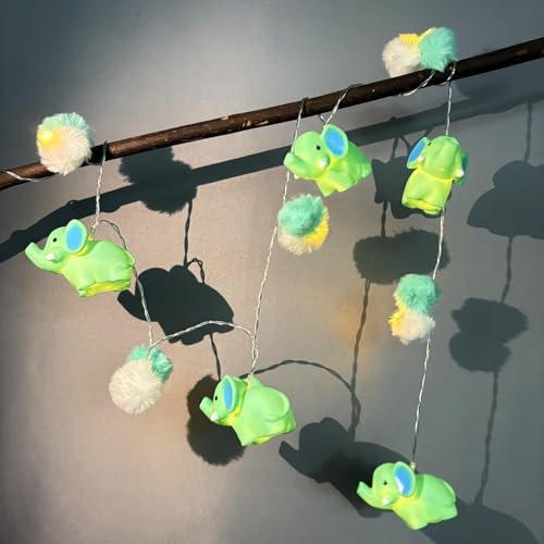 Kinderzimmer Pom-Poms-Elefant-Lichterkette,Batteriebetriebene Elefant mit Pompons-Kugeln Lichterkette für Weihnachtsfeiertage Mädchenzimmer Waldparty Dekoration (Mint Grüner Elefant, 1.65m/10led)