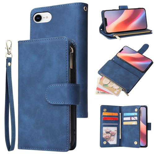QLTYPRI for iPhone 17e/iPhone 16e Case, Large Capacity Leather Wallet Cover 6 Card Holder and 1 Zipper Pocket Kickstand Wrist Strap Magnetic Protective Cover - Blue
