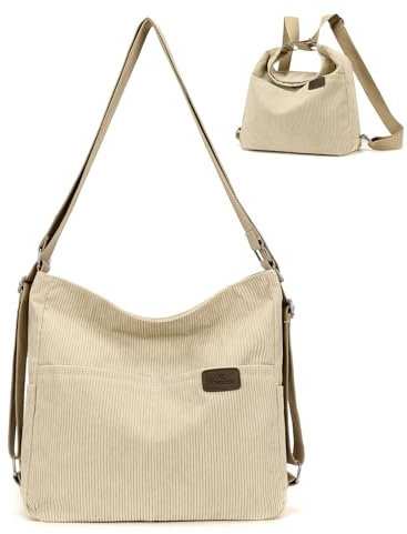 Vielseitige Cord Handtasche für Damen - Schultertasche, Umhängetasche, Hobo-Tasche & Rucksack in einem für Arbeit, Shopper, Reisen & Alltag, Beige