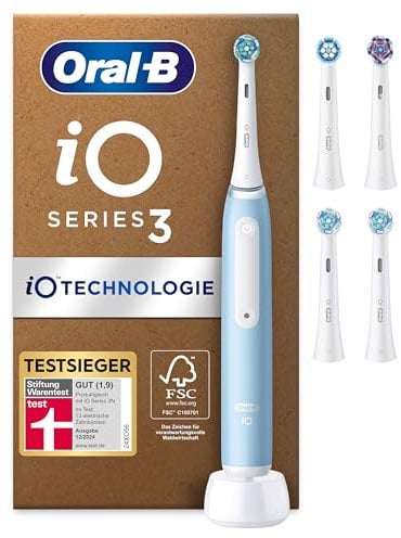 Oral-B iO Series 3 Elektrische Zahnbürste Hellblau PLUS Ausgewählte Original Oral-B iO Aufsteckbürsten Weiß 5x