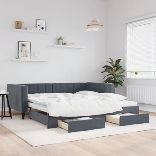 Fasba Tagesbett, Ausziehbar Schlafsofa mit Schubladen Matratzen, Bettsofa Gästebett für Schlafzimmer Wohnzimmer, Sofa Bett Ausziehbett, Dunkelgrau 100x200 cm Samt