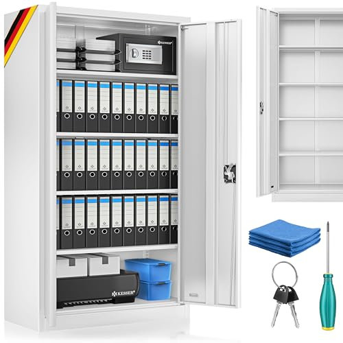 KESSER® Aktenschrank abschließbar mit Flügeltüren 180x60x40cm | Büroschrank aus Stahl mit 4 höhenverstellbaren Einlegeböden | Mehrzweckschrank 5 flexible Fächer, max. 40 kg pro Fach, inkl. 2 Schlüssel