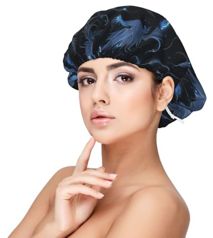 Fantasy Blue Bird Print Satin Silk Bonnet for Sleeping Women, Adjustable Double Layer Satin Hair Bonnet Night Sleep Cap for Curly Hair