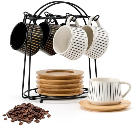 PORCER 6 × 130 ml Keramik-Kaffeetasse & Holzuntertasse mit schwarzem Metallständer-Sets, stapelbare Cappuccino, Espressotassen für spezielle Kaffeegetränke, Latte, Americano, Tee – elegantes