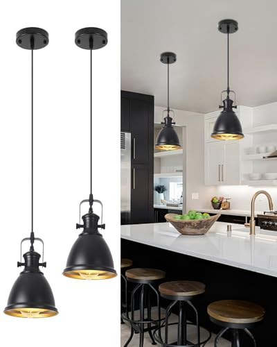 Trescreyo Industrielle Pendelleuchten 2 Stück Retro Pendelleuchte Esstisch Vintage Pendellampe aus Schwarze Metall, Hängelampe Schwarz Gold für Küche Bar Restaurant Wohnzimmer Schlafzimmer Ø16cm E27