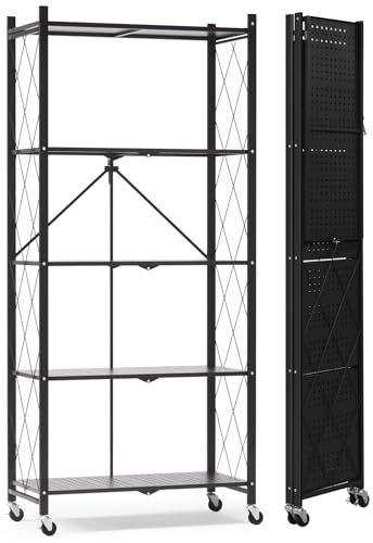 ALANNG Klappregal mit Rädern - Standregal mit 5 Ablagen, Bücherregal aus Metall - Montagefrei & Stabil - Für Küche, Wohnzimmer, Keller, Büro - Schwarz