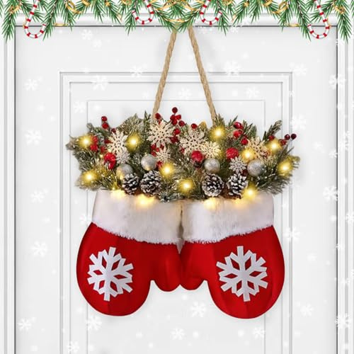 Türkranz Weihnachten Beleuchtet, Weihnachtshandschuhe Weihnachtskranz Haustür mit Beleuchtung Batterie LED Weihnachtsdeko Tür Türschmuck Weihnachten Weihnachtstürkranz für Haustür Wand Fenster (B)